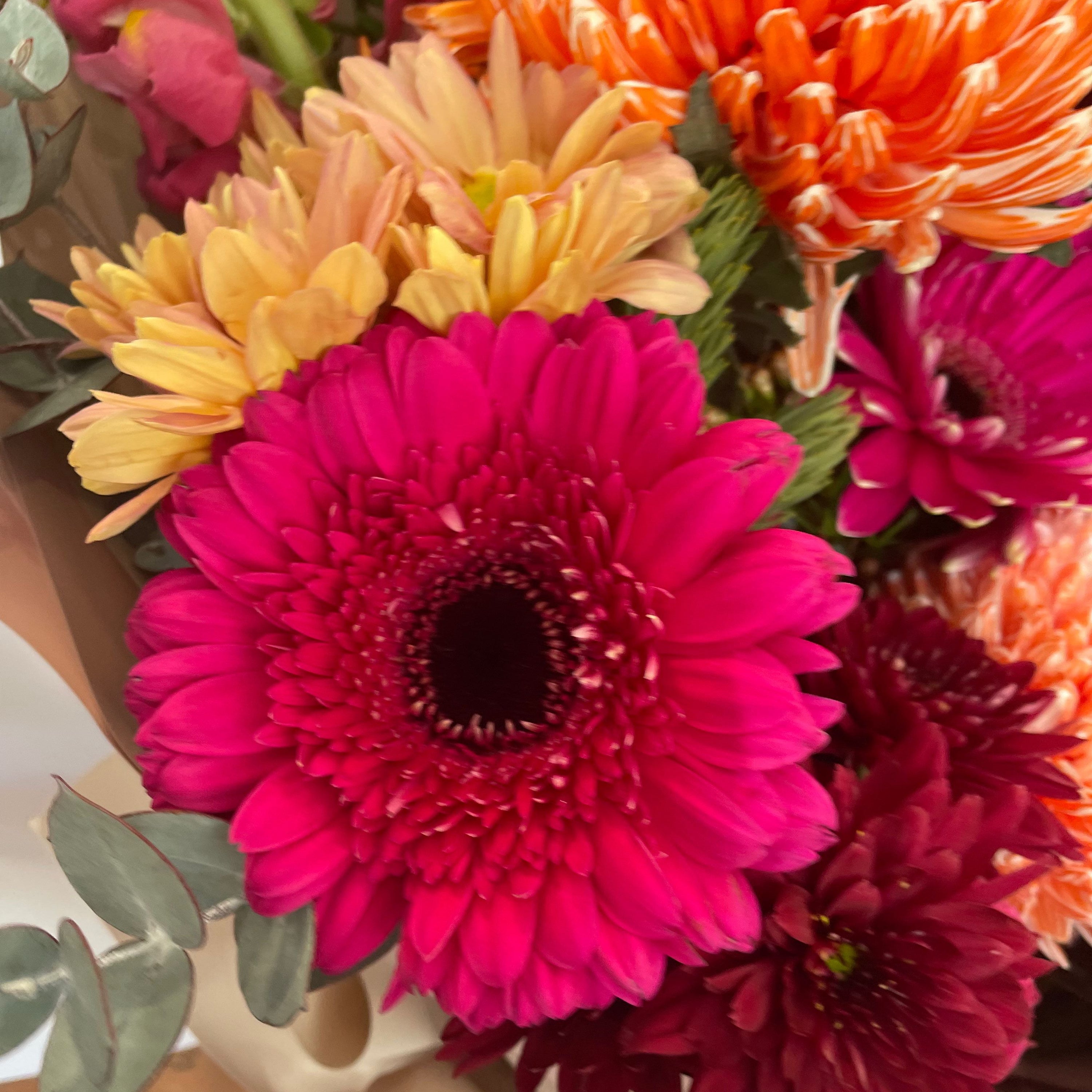 Deluxe Cherry Spice bouquet with vibrant hot pink gerberas, orange disbuds, burgundy chrysanthemums, and soft peach roses, handcrafted by The Flower Boutique Perth — available for same-day flower delivery across Perth.