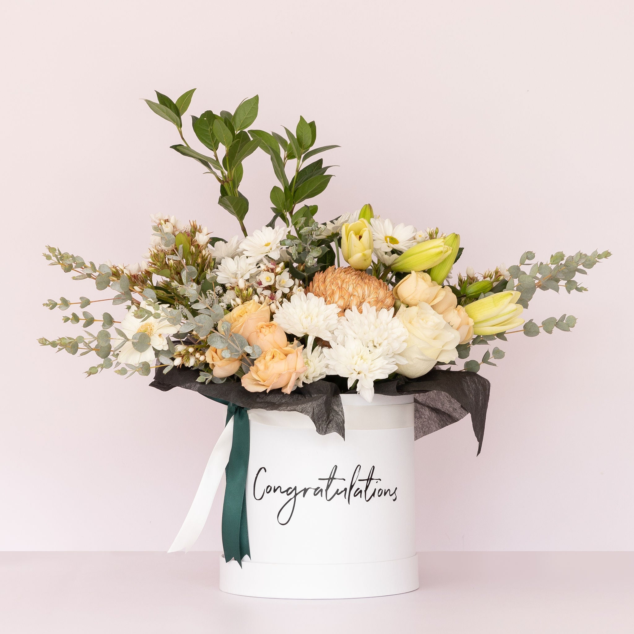 Congratulations keepsake flower box with soft neutral white and creamy tones, featuring elegant blooms in a customizable gift box.