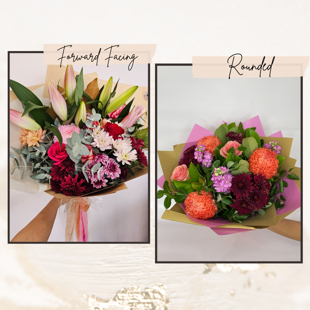 An image of 2 fresh flower bouquet types. Forward Facing Bouquet on the left available at The Flower Boutique Perth and the Rounded Bouquet is on the right also available for flower delivery Perth or pick up in store shopping at the gift store