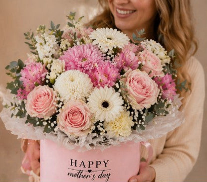 Mother’s Day flower box Perth luxury arrangement pink and white blooms delivery happy smiling mum