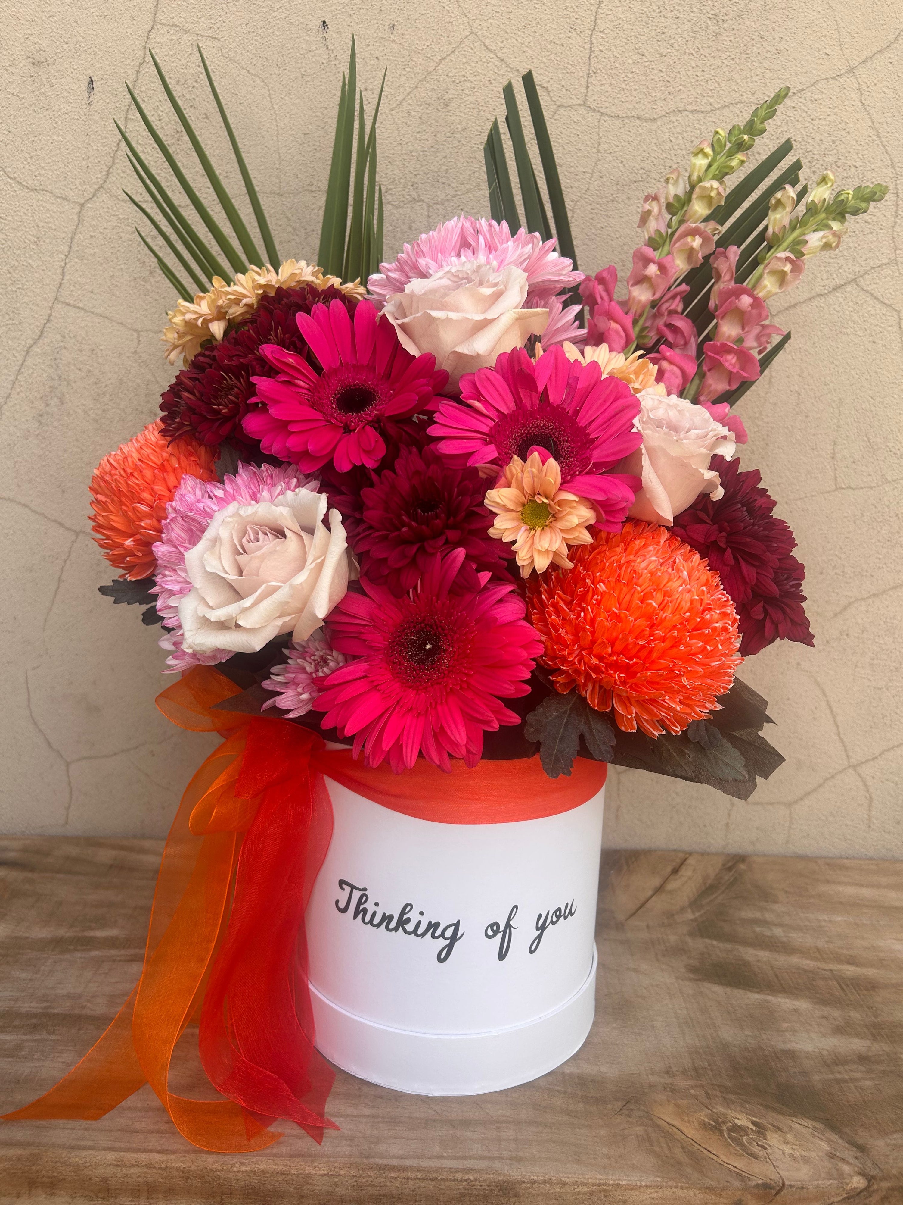 Cherry Spice flower box with maroon, orange and pink blooms – The Flower Boutique Perth - same-day flower delivery