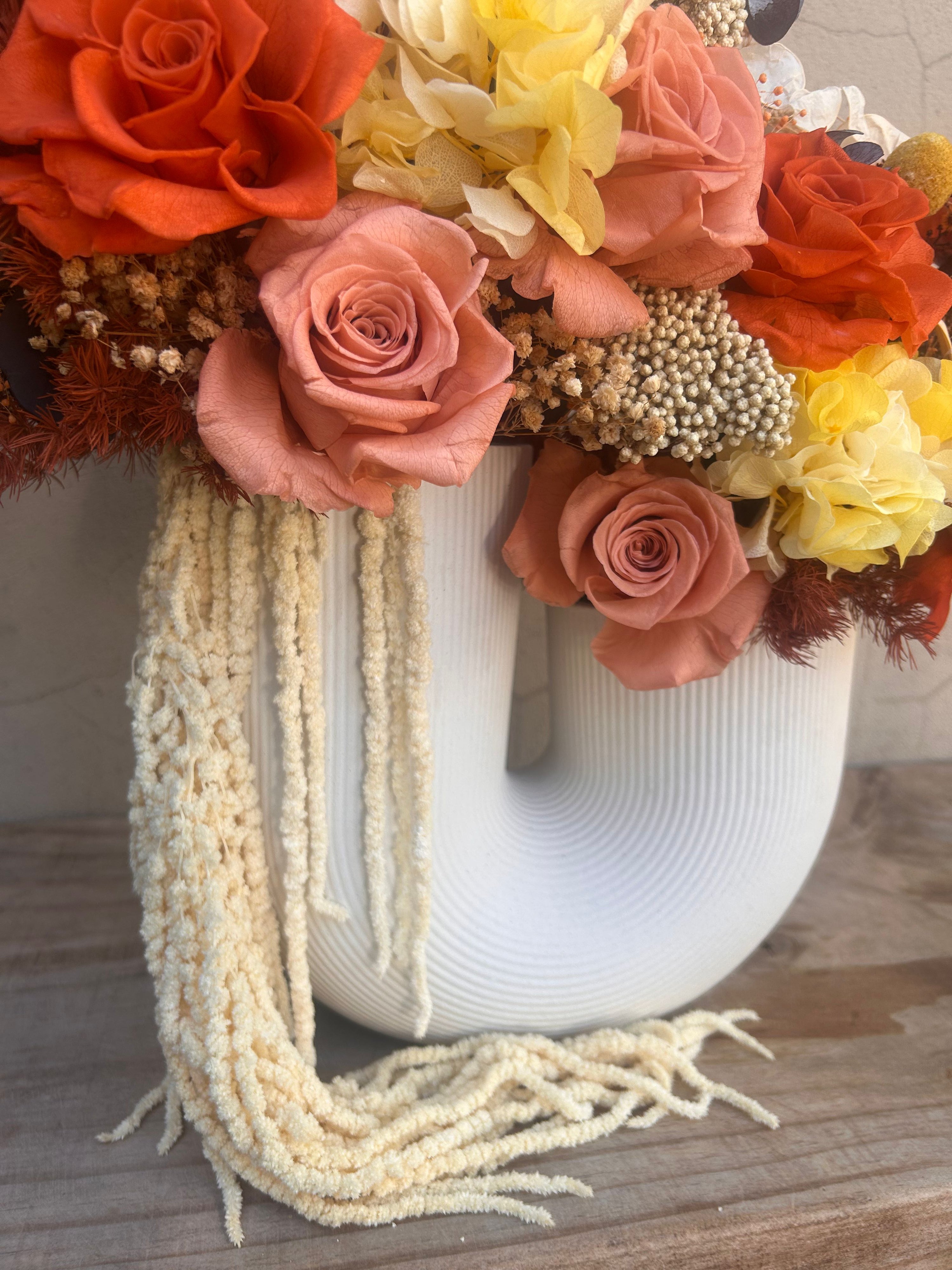 Burnt orange dried flowers arrangement with preserved textures, Amber Tangerine home decor piece