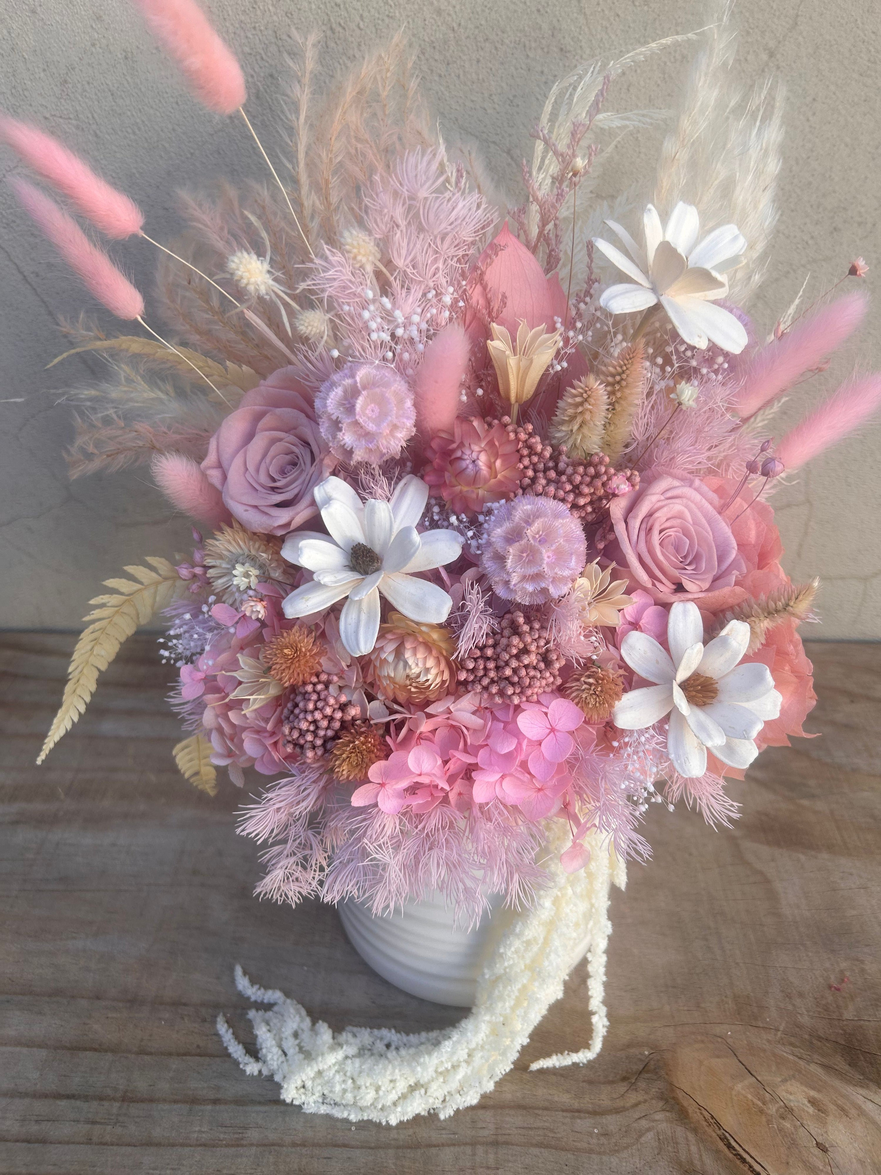 Close-up of preserved lilac roses, blush hydrangea and premium dried florals in Fairy Floss arrangement.