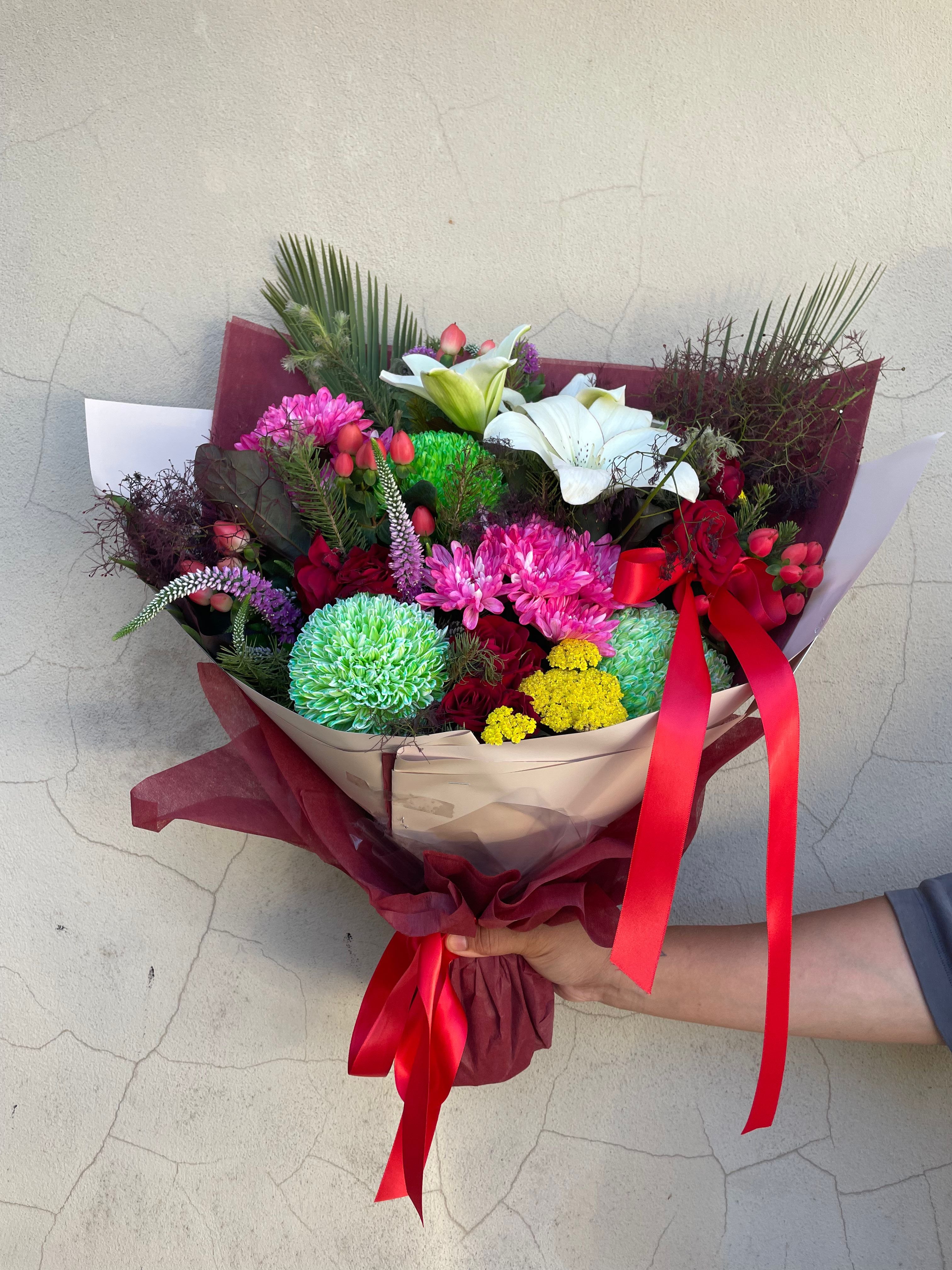 Festive Christmas Bouquet with red, white and green flowers – Perth florist
