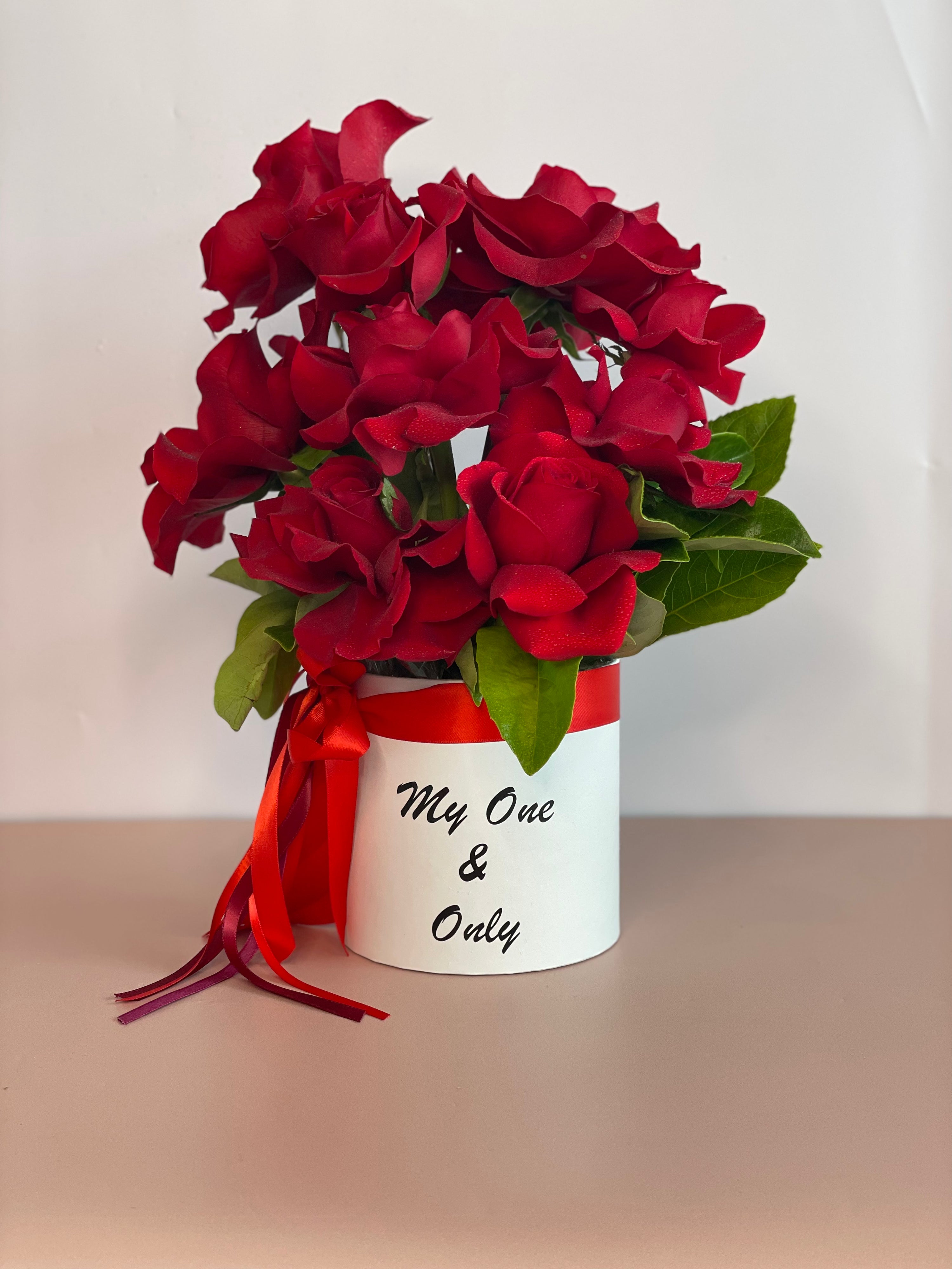 VENUS flower box with "my one & only" written on the box featuring six premium Ecuadorian roses in a white keepsake box.