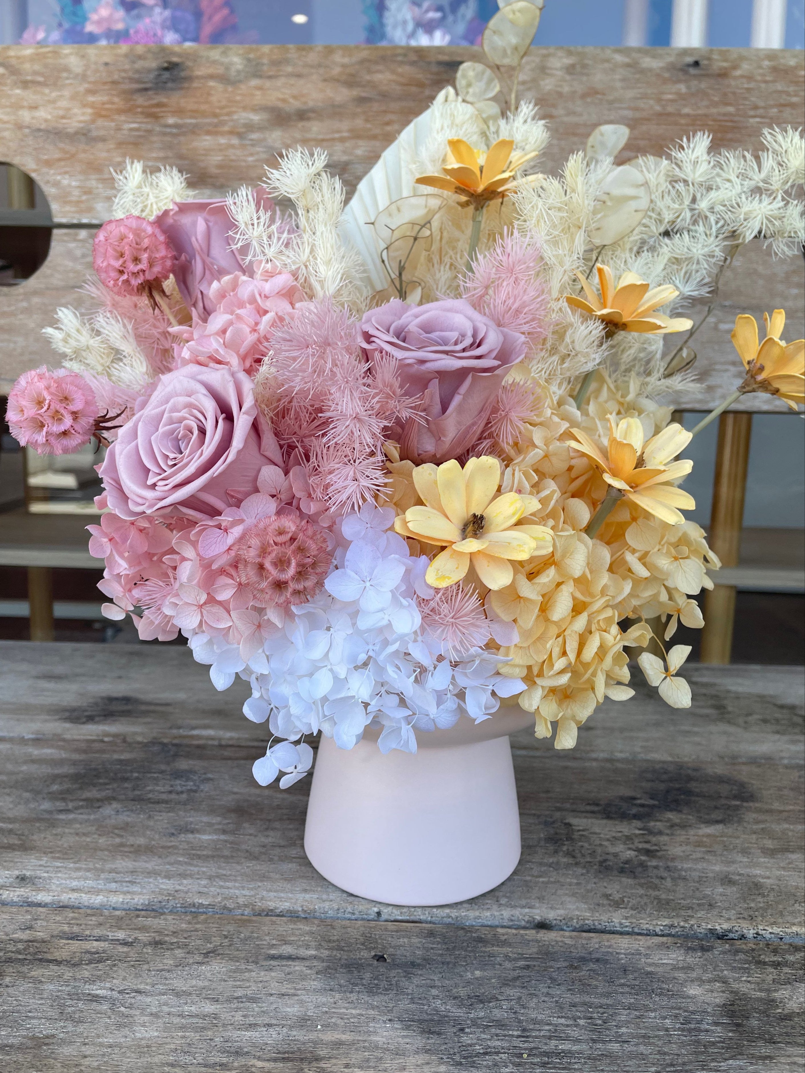 Honeyblush dried floral preserved arrangement in a white ceramic vase available for flower deliuvery perth from The Flower Boutique in Ashby. Perth florist