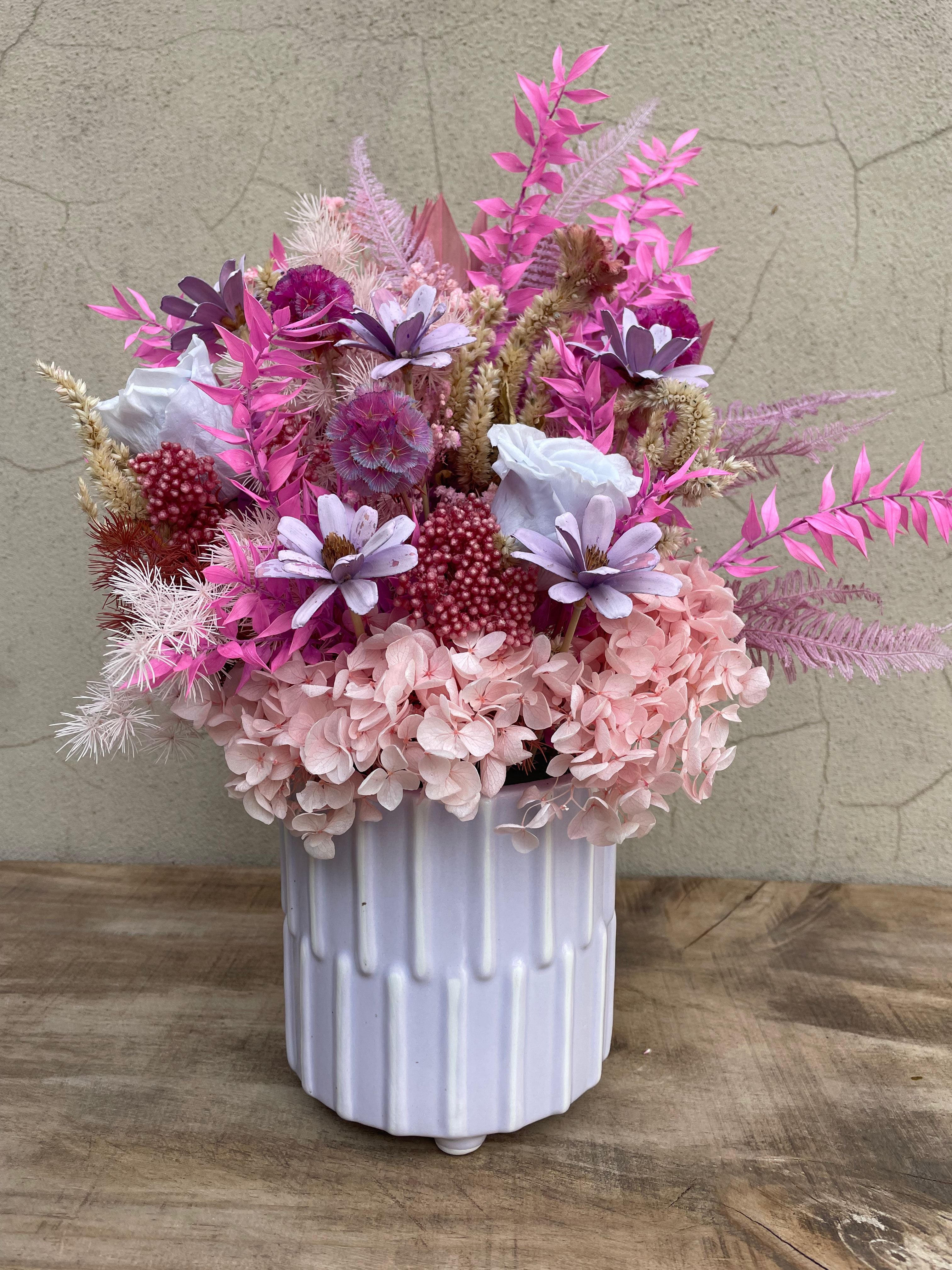 Colorful flower arrangement in a light purple textured vase available for same day flower delivery from The Flower Boutique perth created by Riana bertolami who is an expert florist located in Ashby 6065