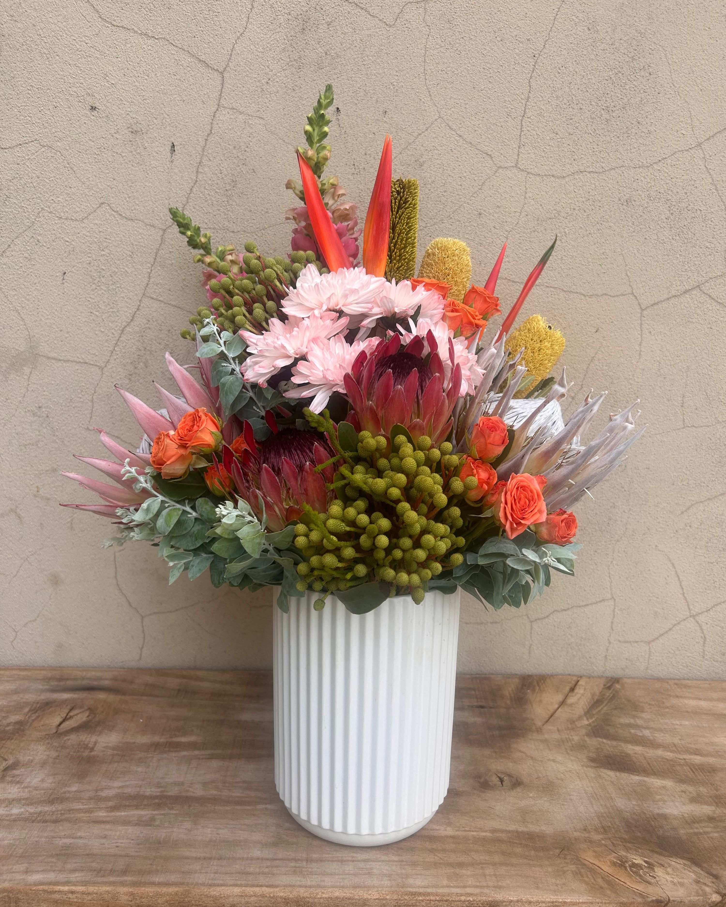 Marabella Vase – premium native and floral arrangement in white ribbed ceramic vase