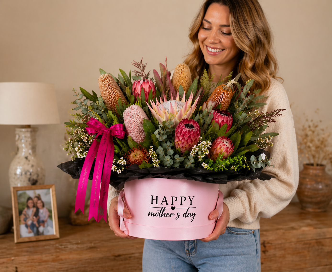 Mother’s Day native flowers Perth large luxury floral box Australian natives. Mums holding the flowers gift
