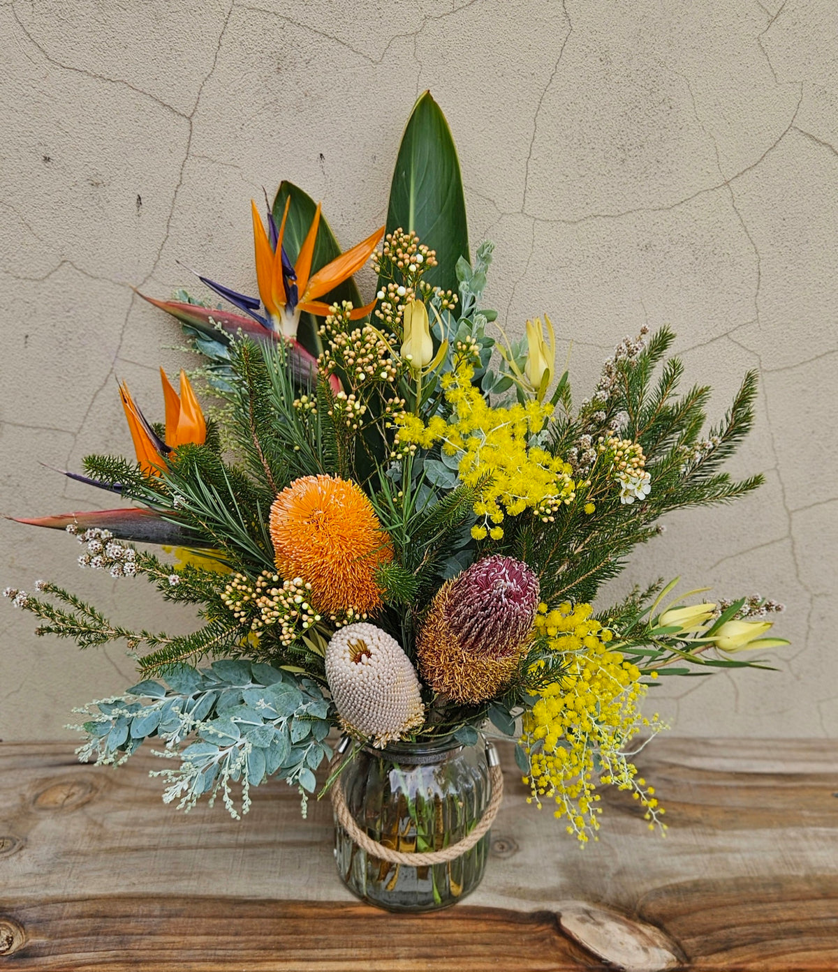 Australian Native Flowers in a glass vase available for Delivery accross Perth from The Flower Boutique