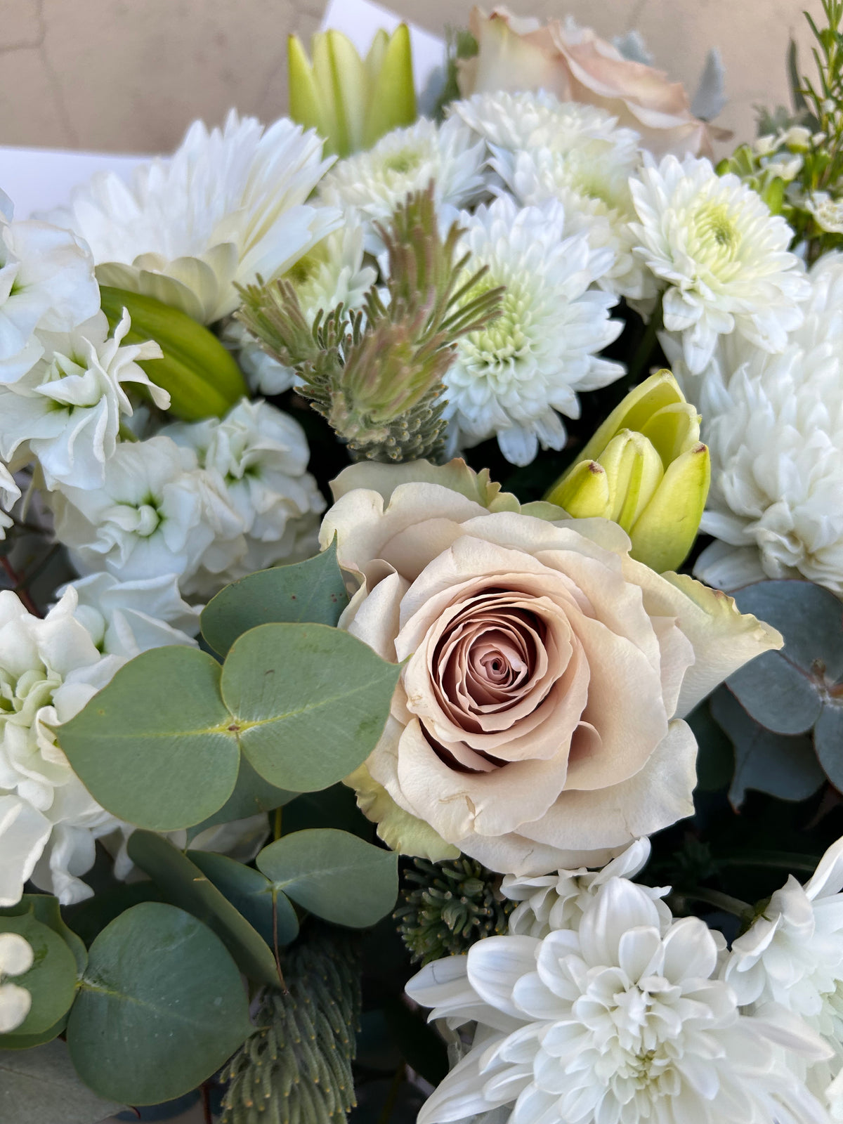 Close-up of a cream rose, white flowers and eucalyptus in the Simplicity bouquet