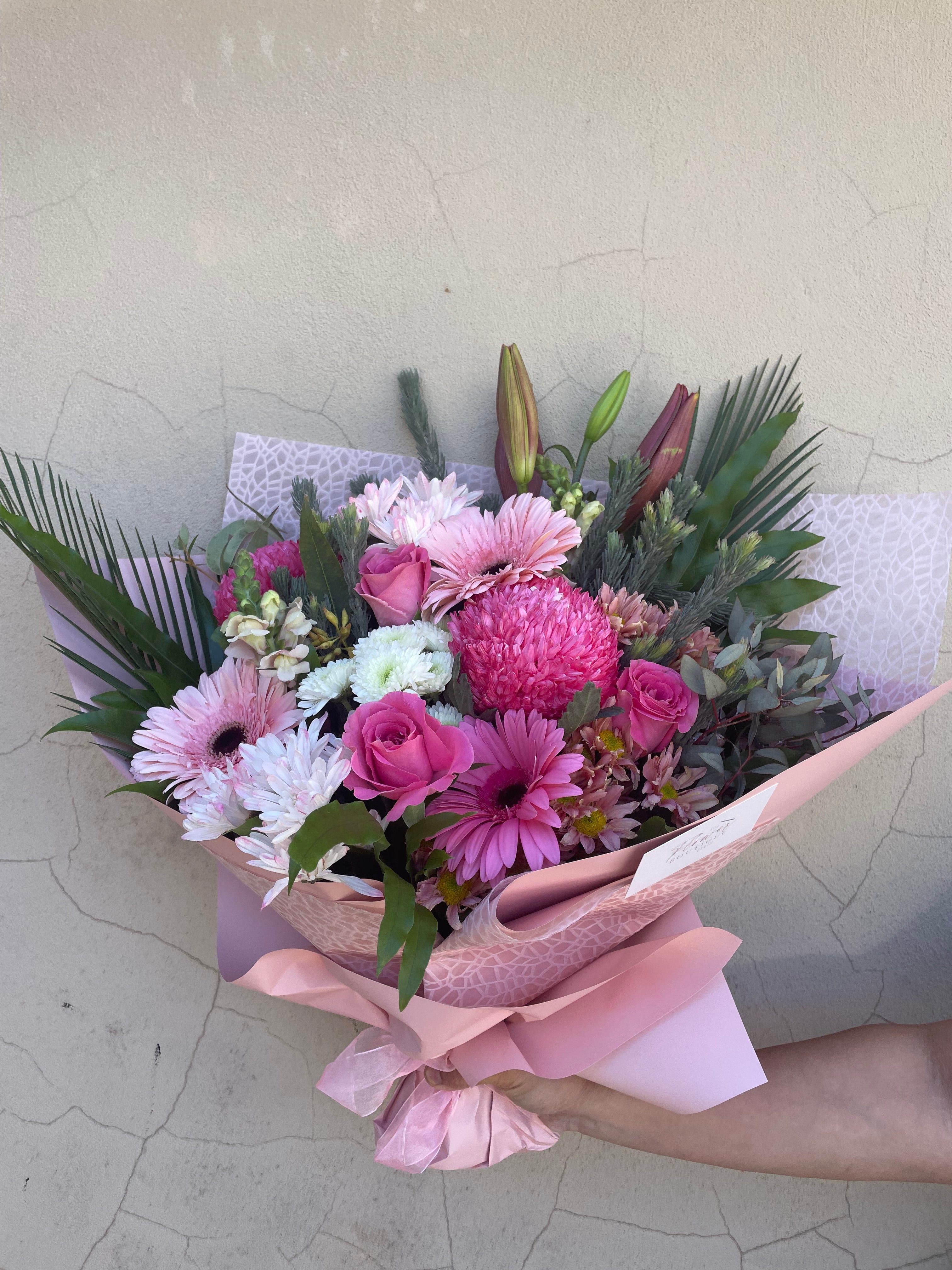 A Pink flower bouquet with roses and disbuds  for Same Day Delivery Perth by the Flower Boutique Florist in Ashby