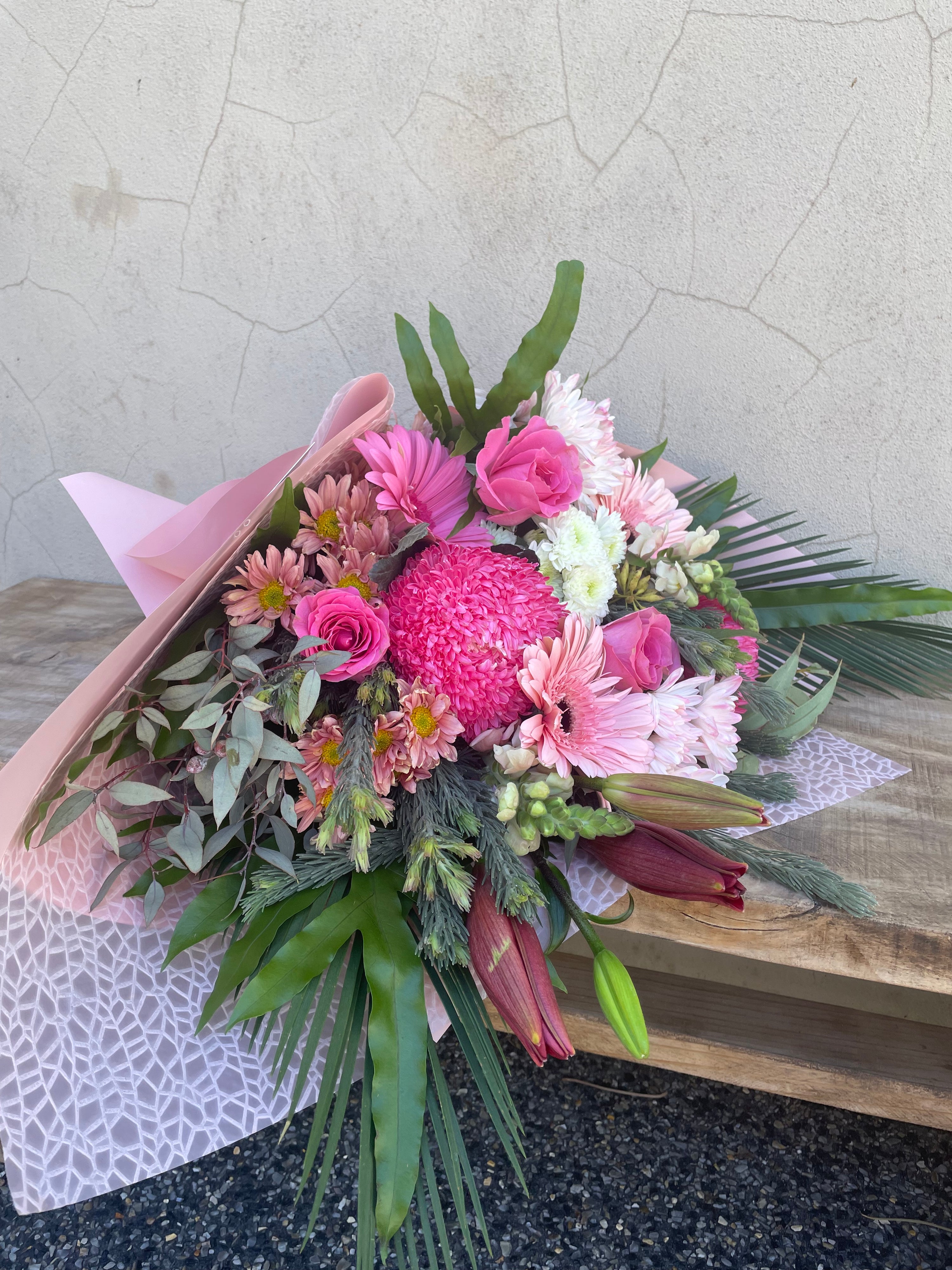 A Pink flower bouquet with roses and disbuds  for Same Day Delivery Perth by the Flower Boutique Florist in Ashby