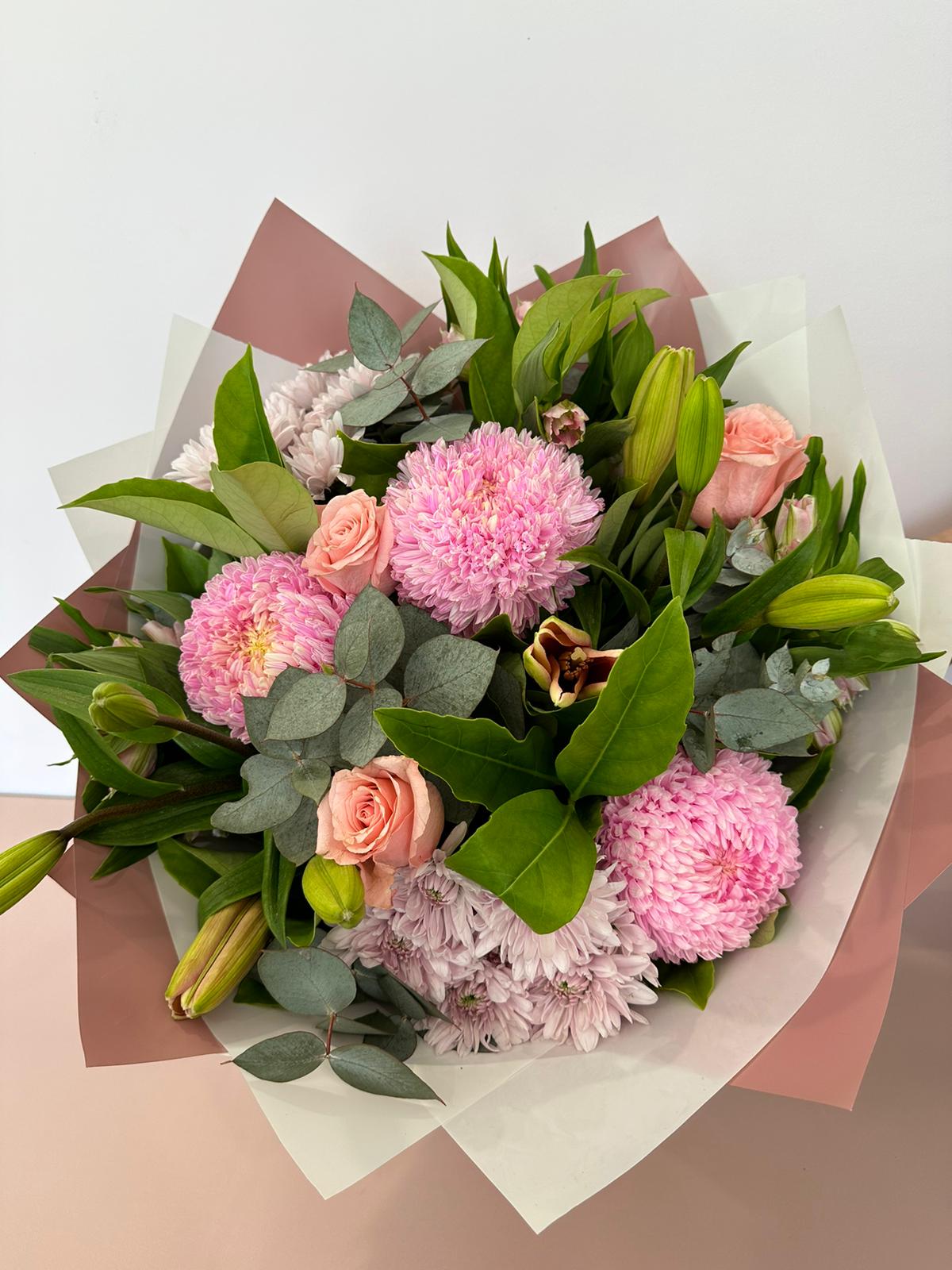 A Pink flower bouquet with roses and disbuds  for Same Day Delivery Perth by the Flower Boutique Florist in Ashby