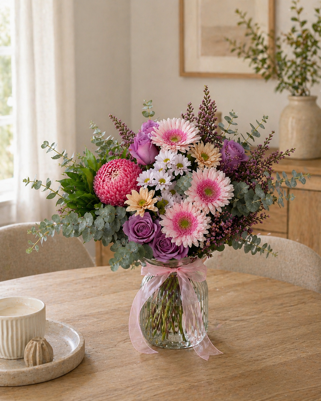 Pink Mother’s Day bouquet Perth with gerberas roses and natives by Perth florist