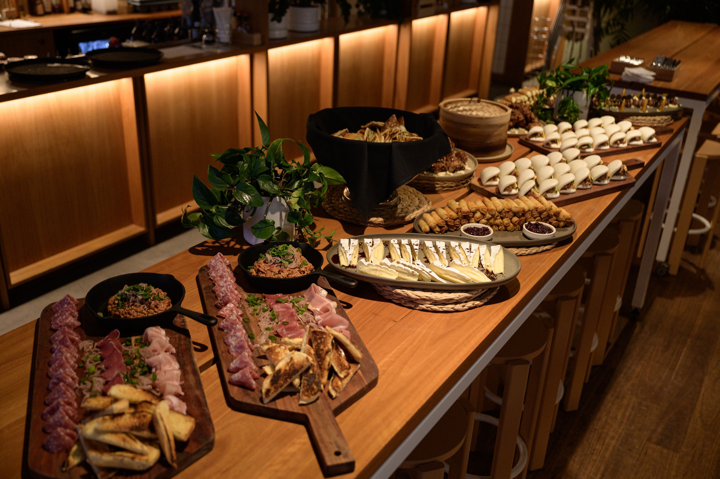 Wooden counter with various food items and a plant in a restaurant setting