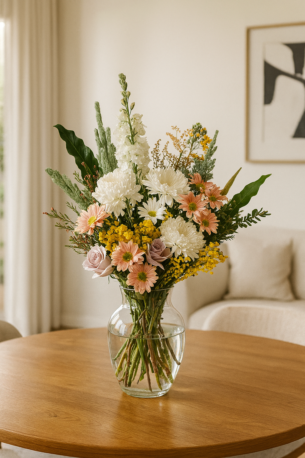 Fresh flower bouquets in vases on a dining table inside someone's home. Our fresh flower subscriptions are available for weekly, fortnightly or monthly for delivery from The Flower Boutique Perth