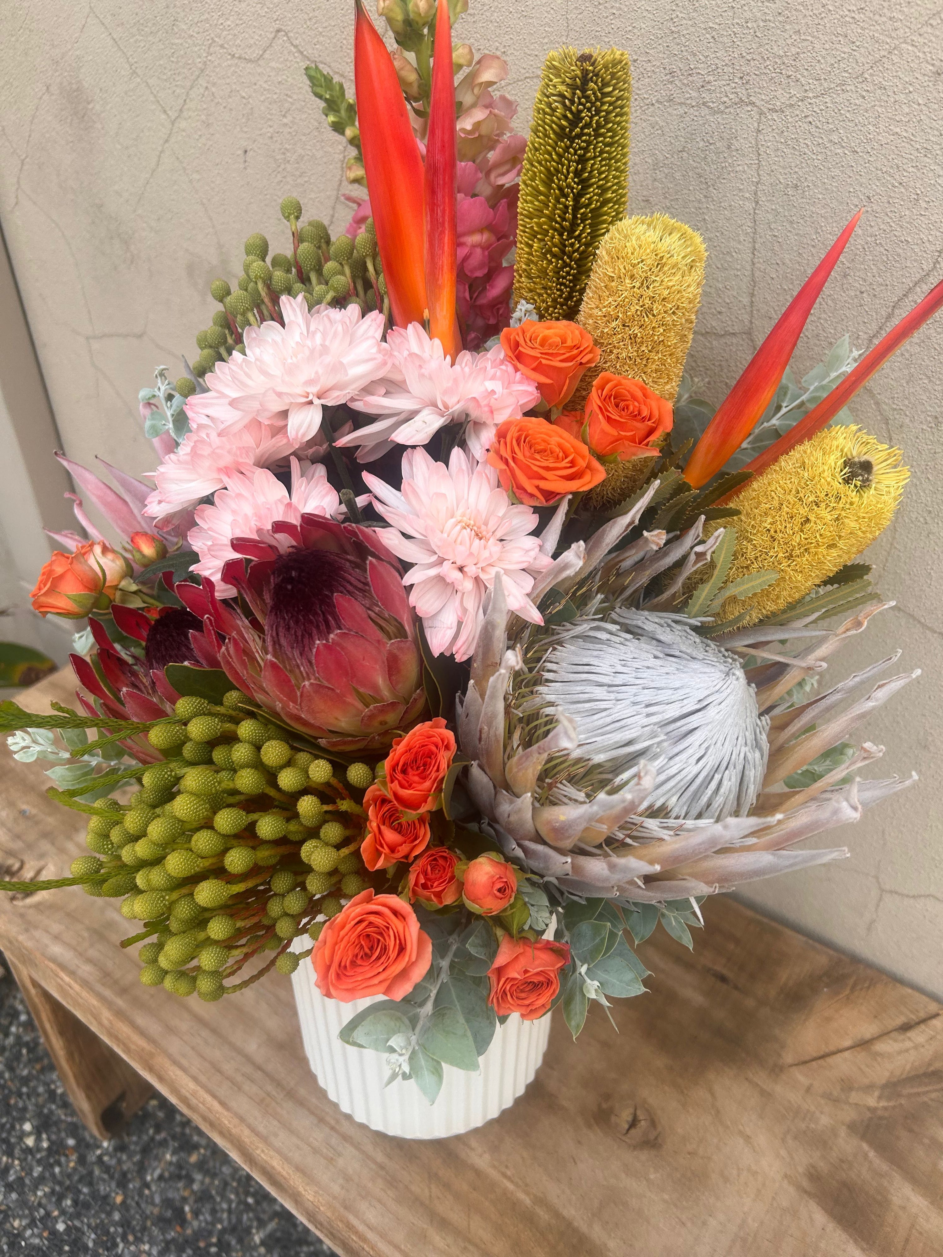 Marabella Vase – feminine floral arrangement with WA natives and tropical stems for flower delivery Perth