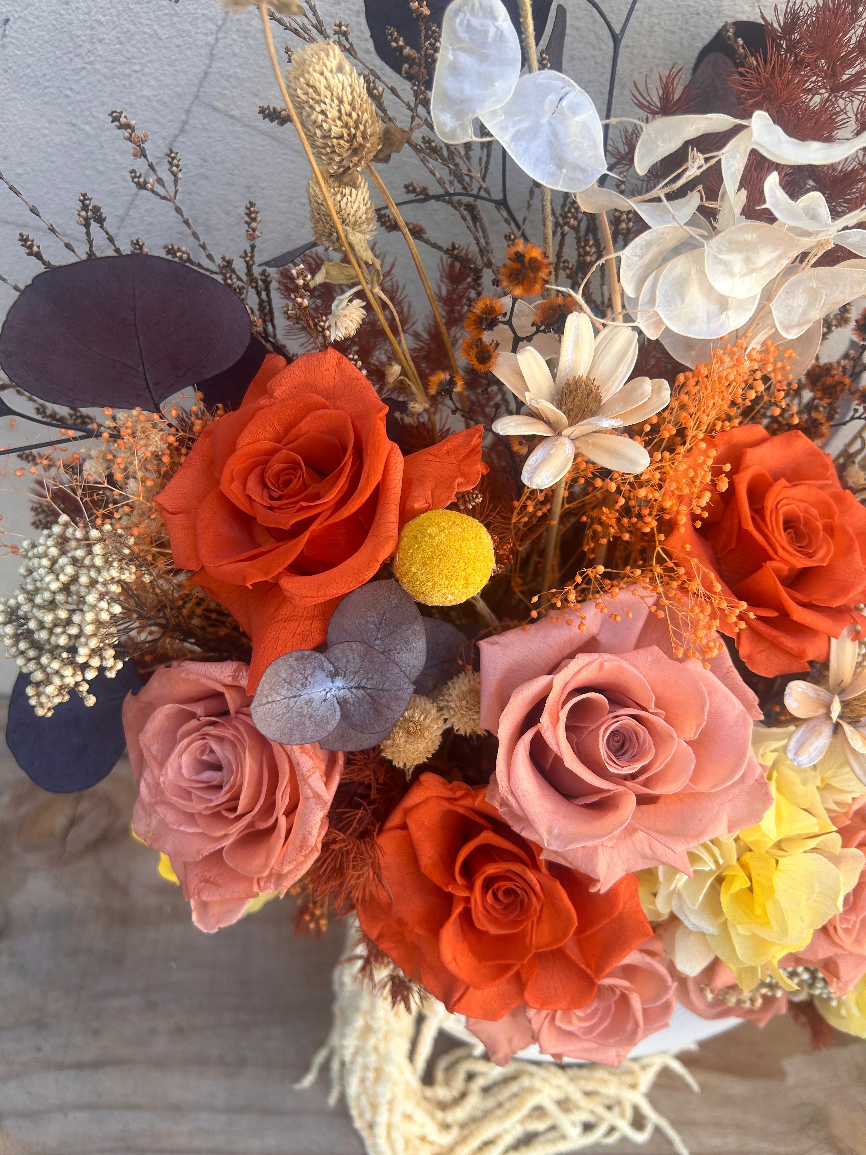 Orange and amber toned dried floral bouquet, premium preserved flowers for home styling