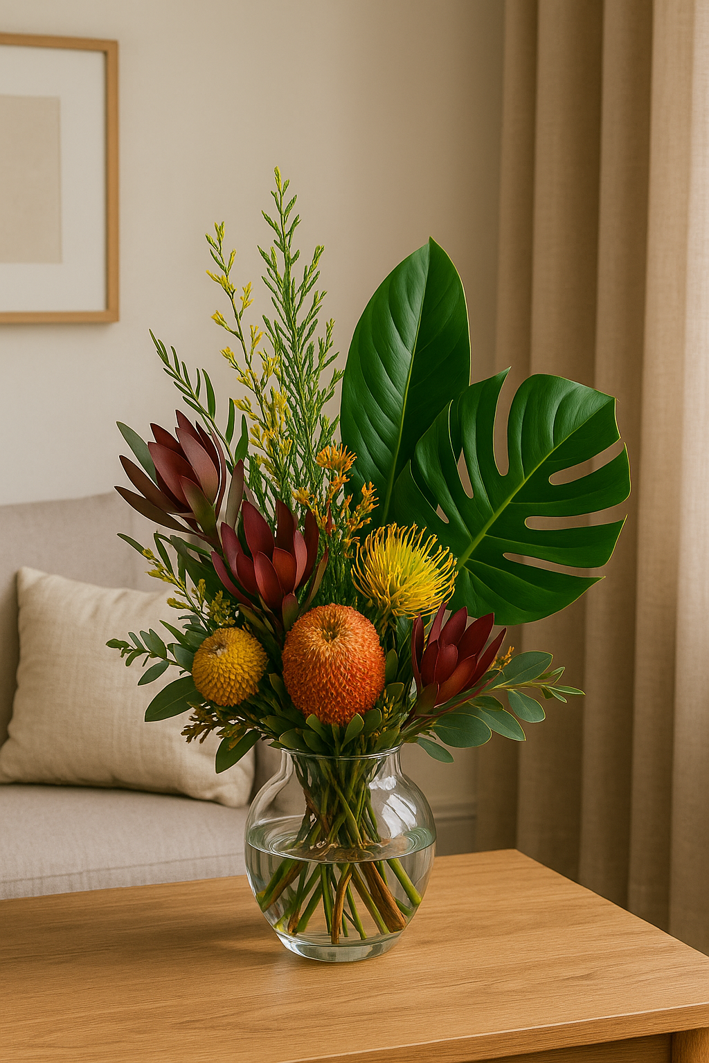 An Australian native bouquet arrangement in a glass vase sitting on a home table available for subscription service from The Flower Boutique Perth.