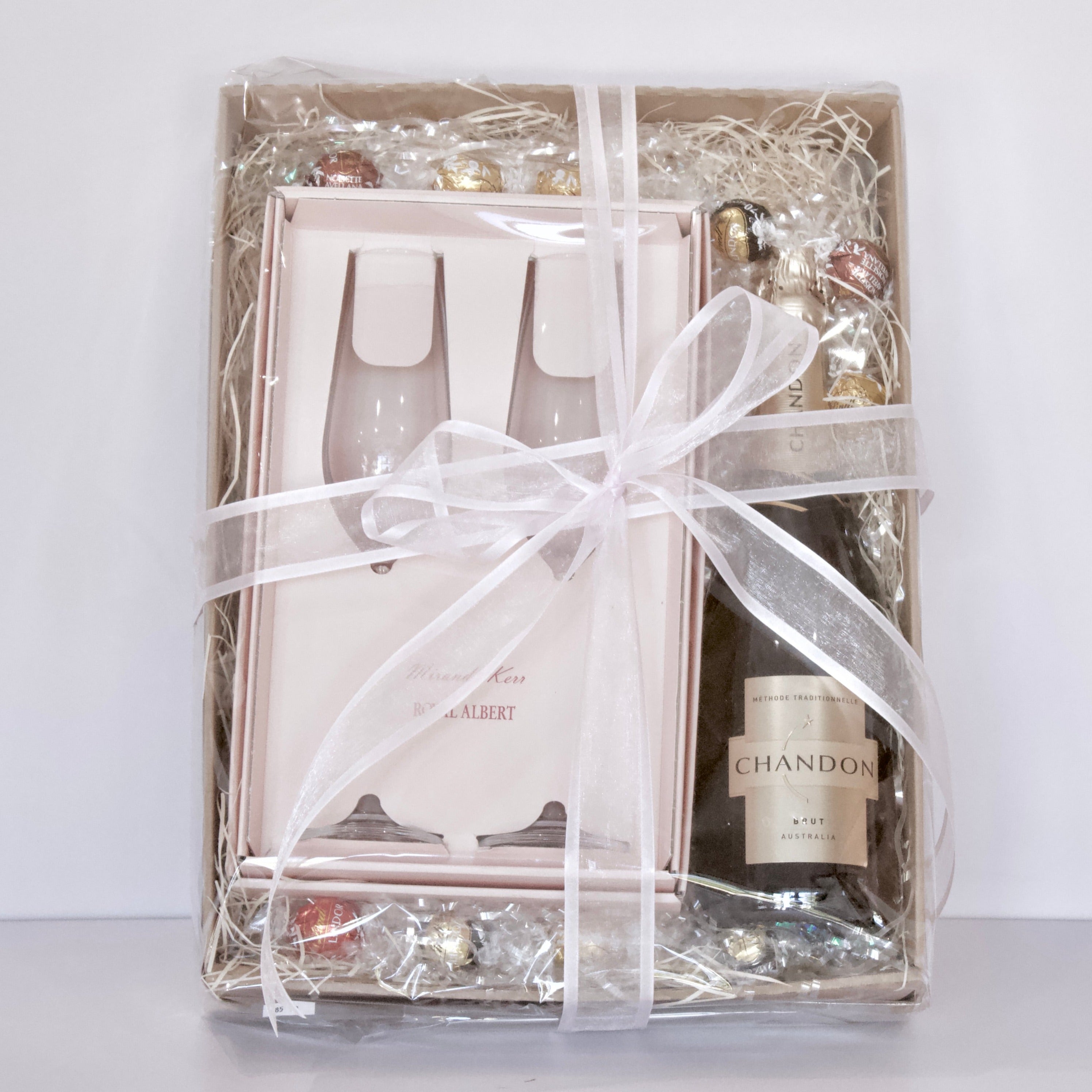 Hamper of Chandon Sparkling wine, twin set of champagne flutes and chocolate for Mum to enjoy on Mother's Day